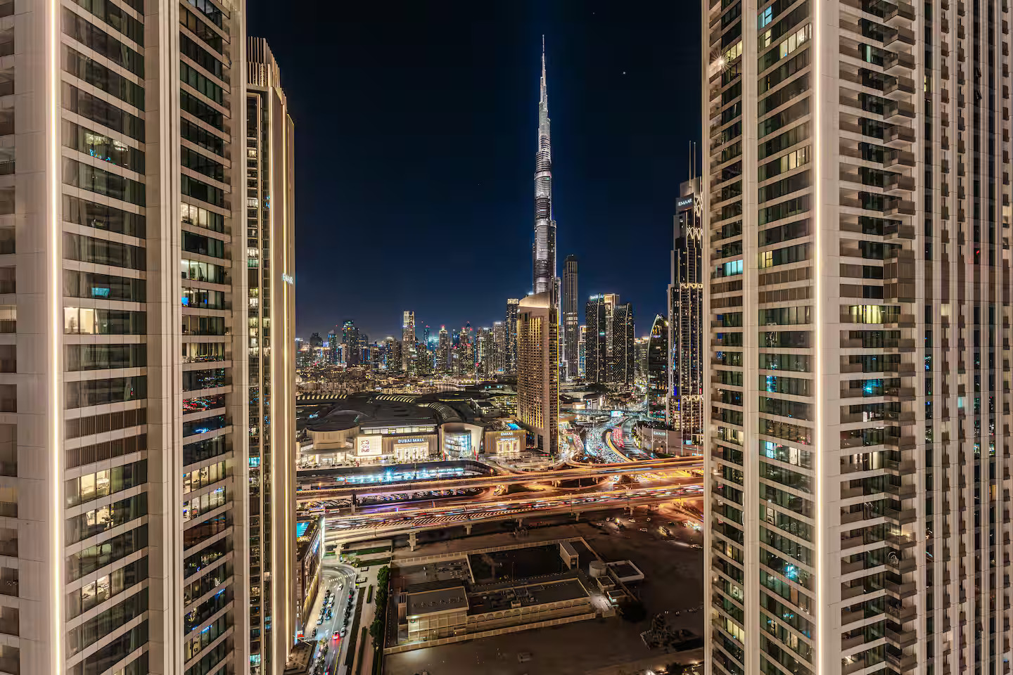 Bedroom with stunning Burj Khalifa night view